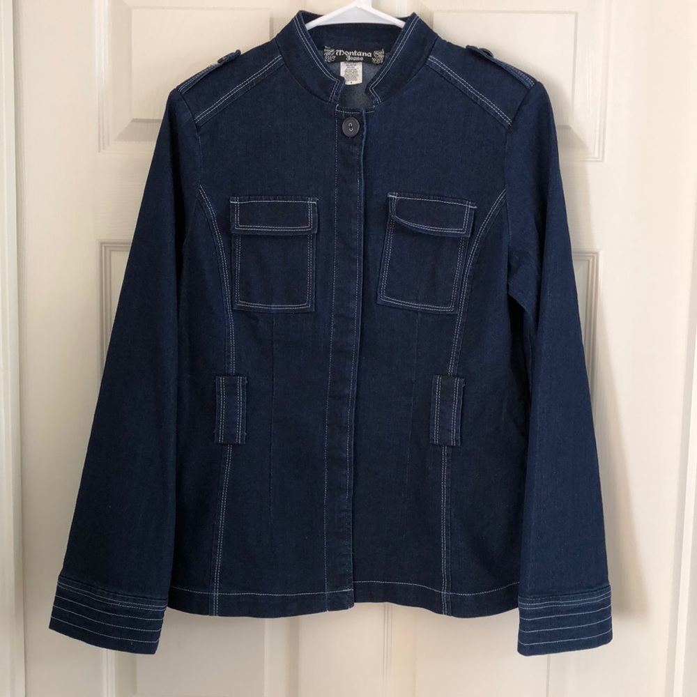 *3/$15 MONTANA JEANS Jacket Sz 8 Stand Collar epaulets